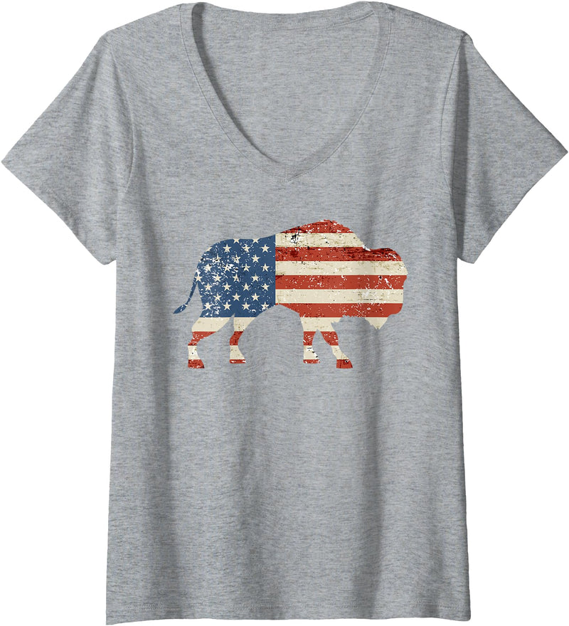 Buffalo USA American flag Bison 4th of July Women's Boys Bison American Flag Buffalo 4th of July Bison Men USA V-Neck