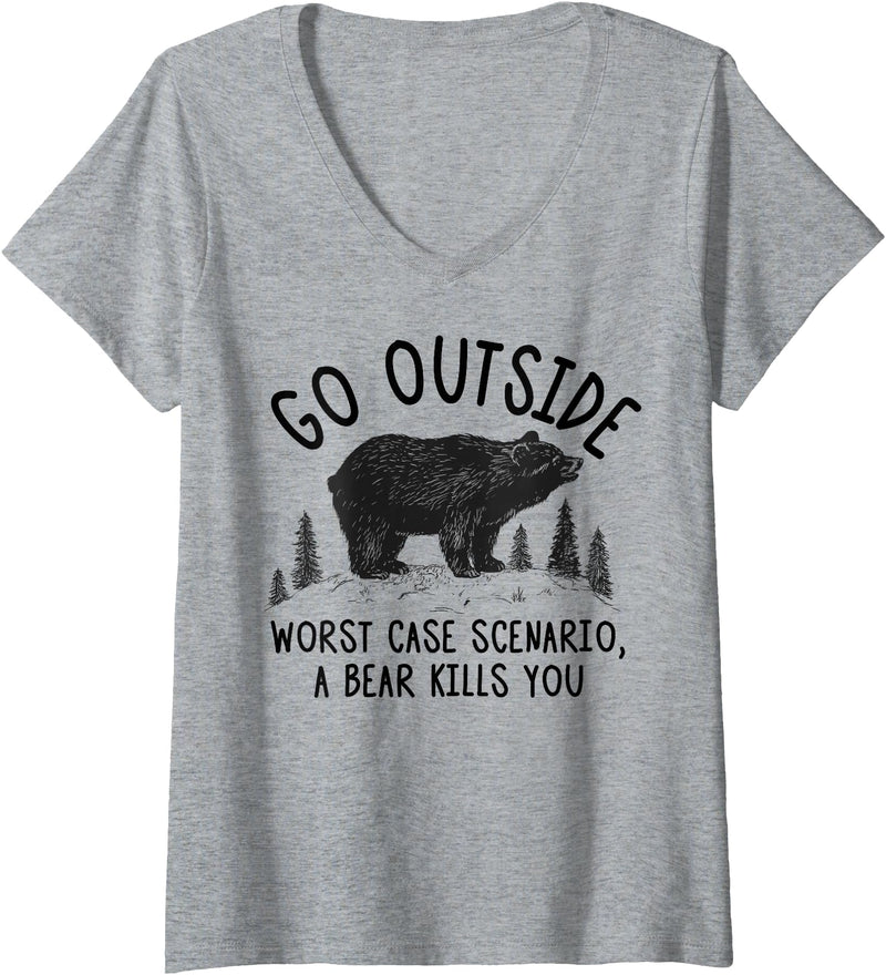 Camping Lover Tee Shirt Women's Go Outside Worst Case Scenario a Bear Kills You Funny Shirt V-Neck T-Shirt - Heather Grey