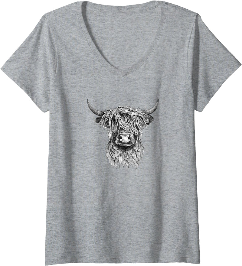 Highland Cow Wildlife T-Shirts Womens Highland Cow - Hand Drawn Illustration T-Shirt V-Neck T-Shirt - Heather Grey