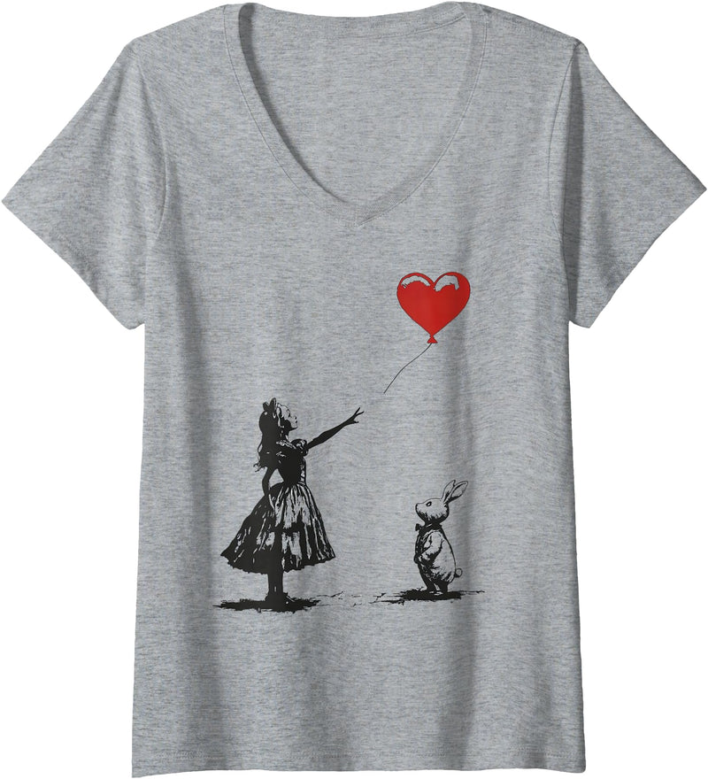 Womens Alice in Wonderland with Balloon and Rabbit V-Neck T-Shirt in Heather Grey