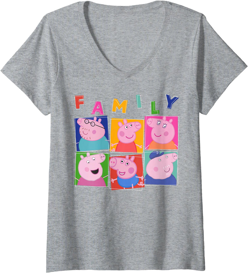 Womens Peppa Pig Family Box Up V-Neck T-Shirt - Heather Grey