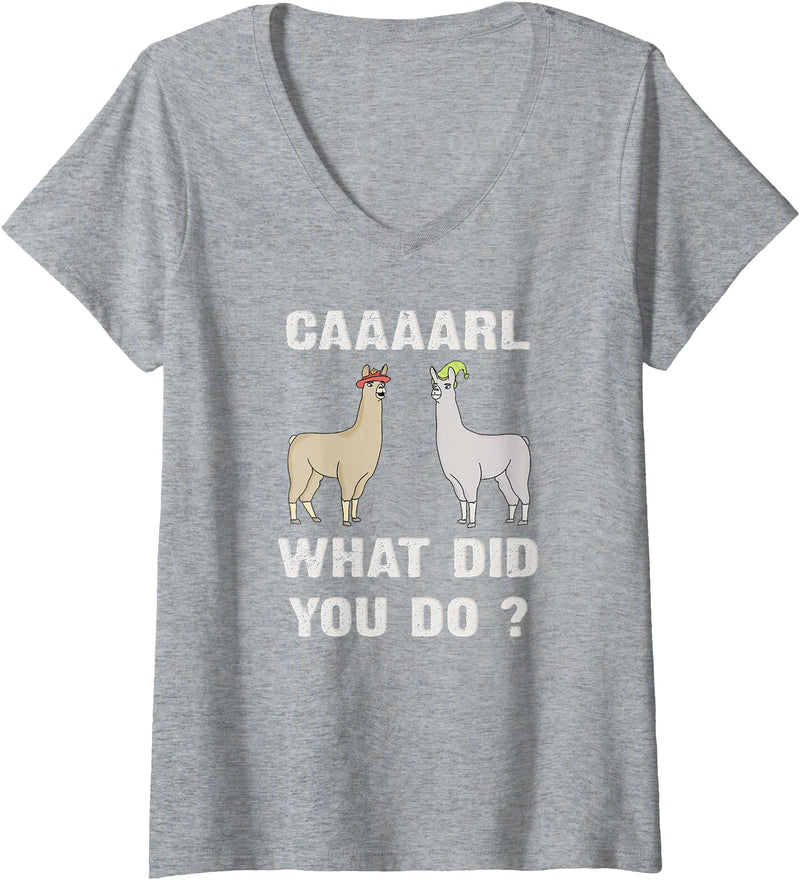 GenX Gear Women's Funny Llamas Carl What did You Do? CAAAARL with Hats Meme V-Neck T-Shirt - Heather Grey