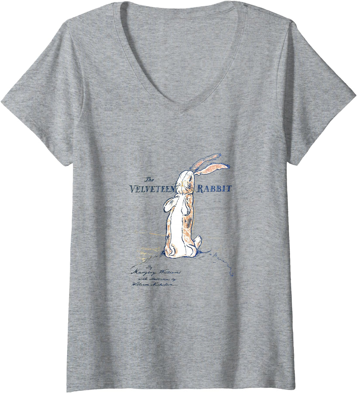 Womens Stuffed Rabbit the Velveteen Rabbit, Margery V-Neck T-Shirt in Heather Grey