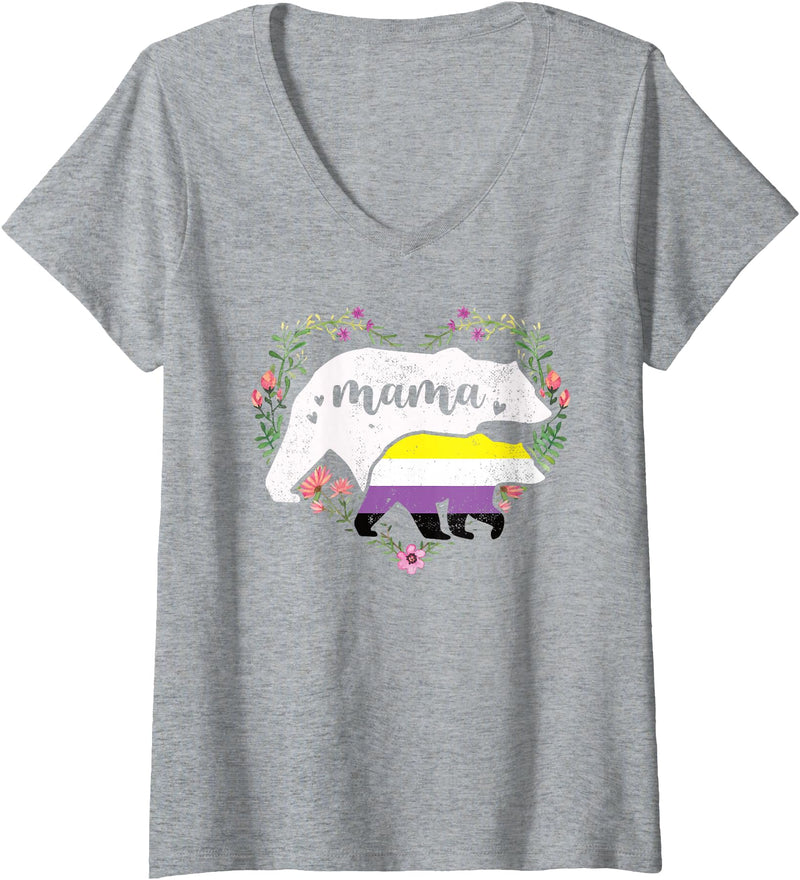 LGBT Non Binary Pride Shirt Mom Mama Bear for Moms Womens LGBTQ Mama Bear Non Binary Gay Equal Rights Rainbow V-Neck T-Shirt - Heather Grey