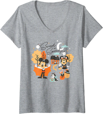 Women's Disney Halloween Mickey & Minnie Sweet and Spooky Cute Fall V-Neck T-Shirt