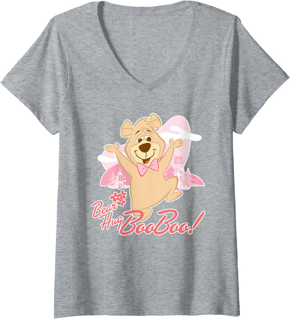 Womens Yogi Bear Bear Hug Boo Boo V-Neck T-Shirt - Heather Grey