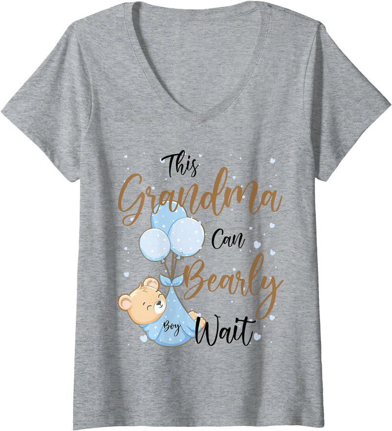 Baby Bear Baby Shower Theme Matching Co Womens Baby Bear Baby Shower Theme Grandma Bearly Wait Baby Boy V-Neck T-Shirt - Heather Grey