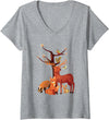 Womens Woodland Animals Deer Fox Rabbit Squirrel V-Neck T-Shirt in Heather Grey