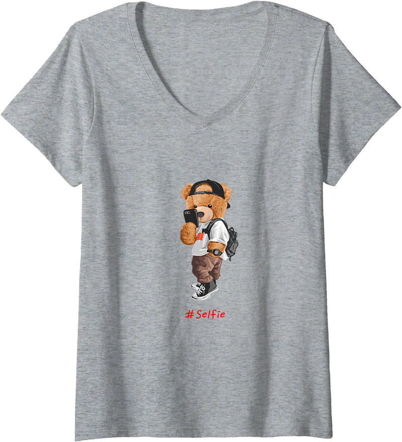 Bahaa's Tee Womens Men's Women's Kids Teddy Bear Graphic Cool Designs Funny V-Neck T-Shirt - Heather Grey