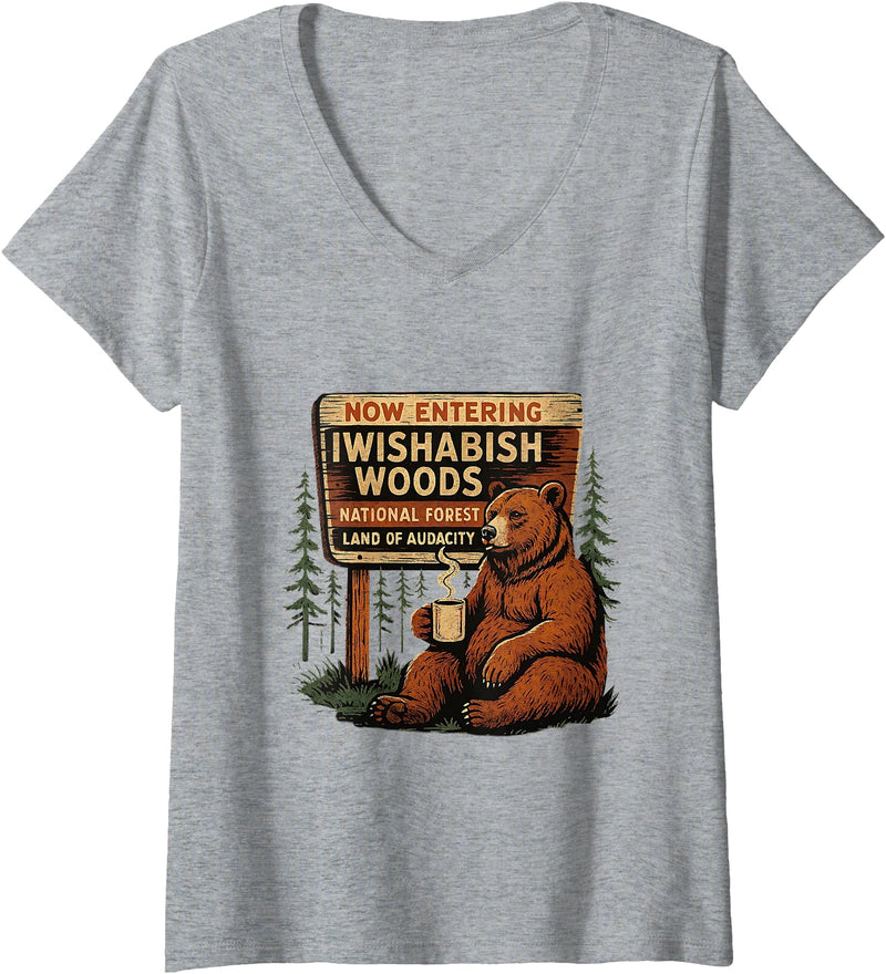 Funny Bear Woods Vintage Art Women's I Wish A Bish Woods Funny Bear Vintage Design V-Neck T-Shirt - Heather Grey