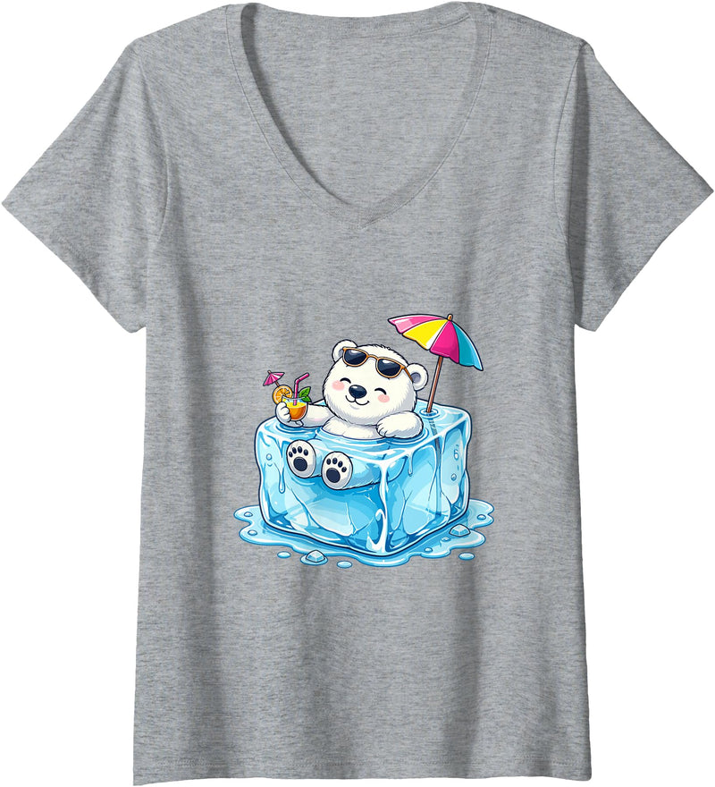 Cool Polar Bear Summer Ice Cube Relax Women's Chill Polar Bear On Ice Cube Summer Vacation V-Neck T-Shirt - Heather Grey
