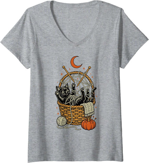 Women's Knitting Basket Funny Feline Fiber Arts Lover V-Neck T-Shirt - Heather Grey