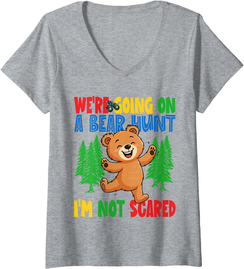 Cute Cartoon Bear Matching Family Outing for Kids Womens We're Going on a Bear Hunt I'm Not Scared Playful Kids Cute V-Neck T-Shirt - Heather Grey