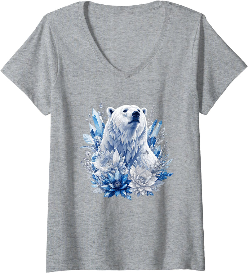 Arctic Polar Bear Crystal Flowers Nature Women's Majestic Arctic Polar Bear with Ice Flowers Fantasy V-Neck T-Shirt - Heather Grey