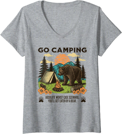 Women's Go Camping Worst Case Scenario You Get Eaten By A Bear Humor V-Neck T-Shirt