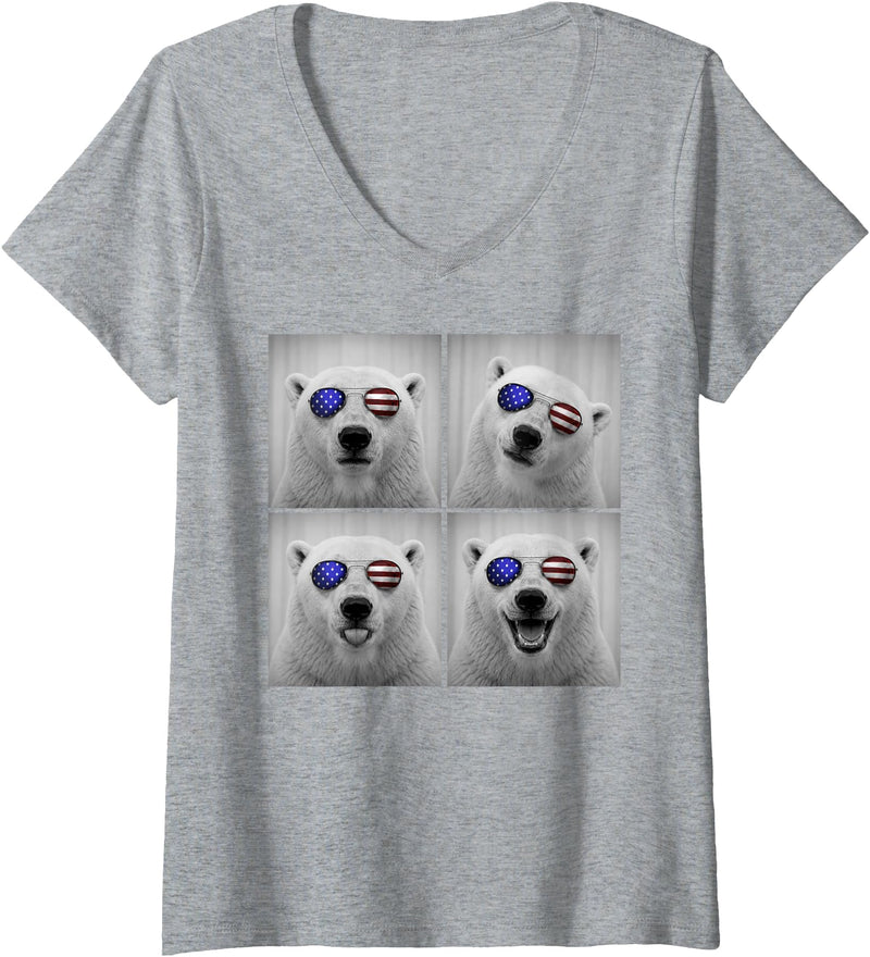 Retro Polar Bear USA July Fourth Photo Booth Women's Polar Bear 4th of July US American Flag Patriotic V-Neck T-Shirt - Heather Grey
