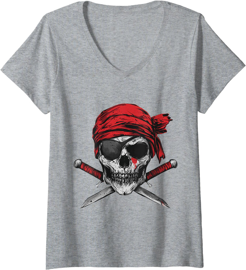 Halloween Designs. Women's Pirate Flag Skull And Crossbones Skeleton Graphic Halloween V-Neck T-Shirt - Heather Grey
