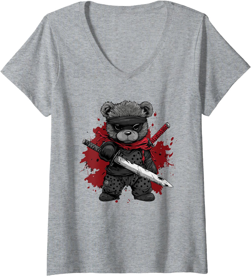 dark teddy bear love Womens Ninja Teddy Bear V-Neck T-Shirt - Heather Grey