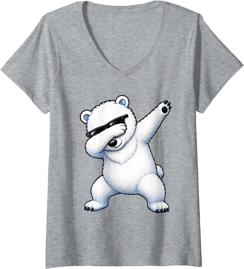 Cool Dabbing Polar Bear Women's Fun Dabbing Polar Bear Cool Stylish Dab Dance Bear V-Neck T-Shirt - Heather Grey
