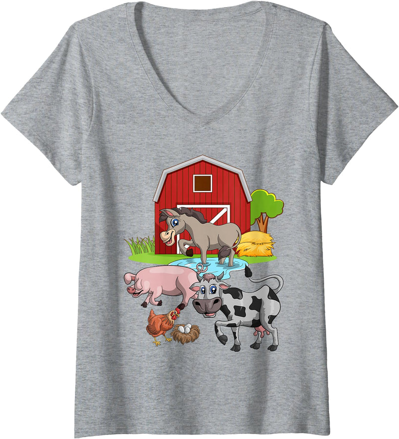 Farmer Funny Farm Animal Lover Gift Womens Donkey Pig Chicken Cow Agriculture Farm Animal V-Neck T-Shirt - Heather Grey