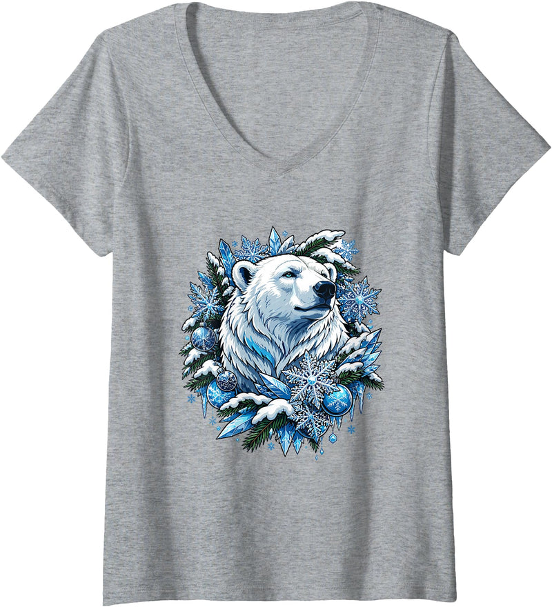 Arctic Polar Bear Winter Snowflakes Women's Christmas Polar Bear Wreath Ice Crystals V-Neck T-Shirt - Heather Grey