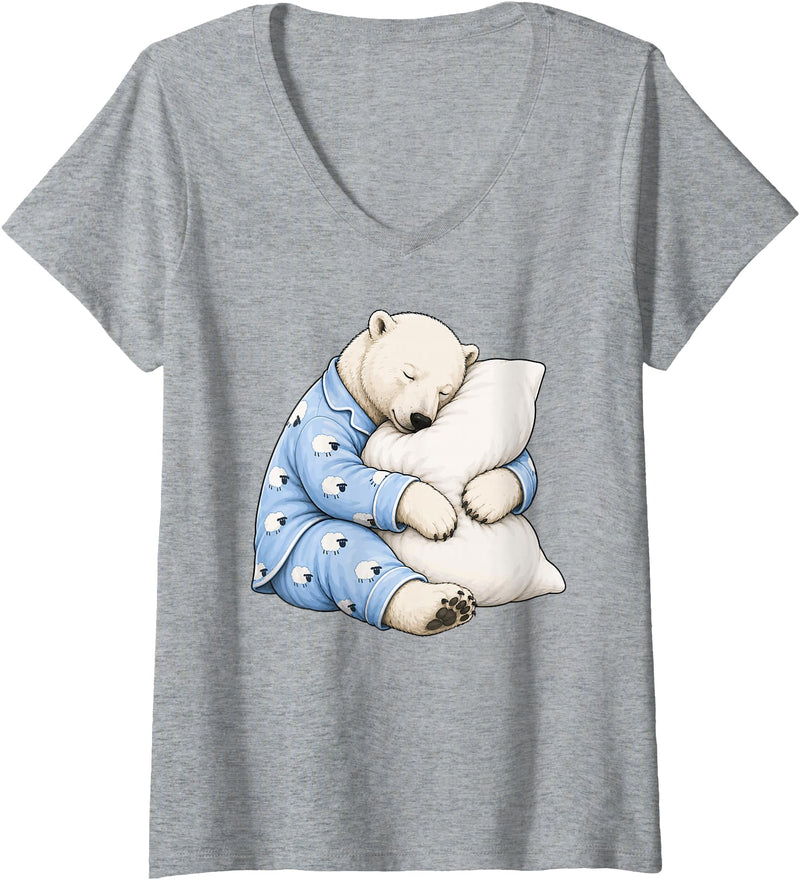 Funny Sleepy Polar Bear Pajama Women's Polar Bear Sleeping in Cute Pajamas Sleep V-Neck T-Shirt - Heather Grey