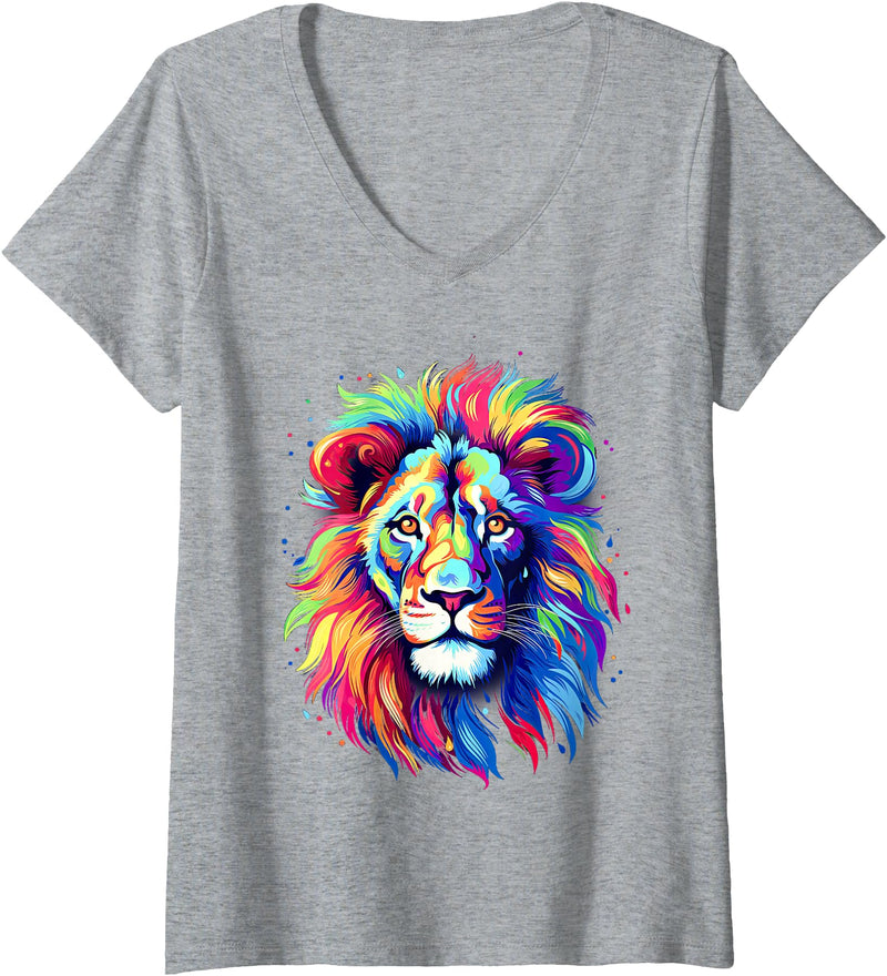 Colorful Lion, Graphic Design, Cool Lion Womens Colorful Lion Spirit Animal Multicolor Art Leo Lion V-Neck T-Shirt - Heather Grey