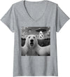 Retro Polar Bear Selfie with UFOs Meme Women's Polar Bear Selfie with UFO Alien Funny V-Neck T-Shirt - Heather Grey