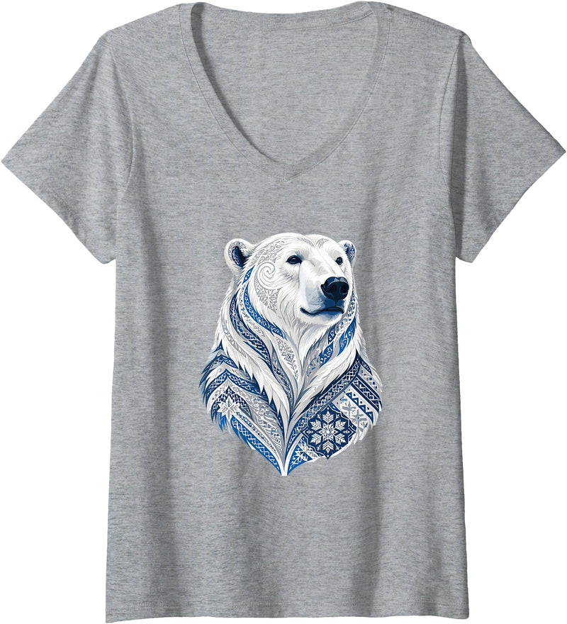 Arctic Polar Bear Nordic Snowflake Spirit Women's Winter Nordic Polar Bear Snowflake Pattern V-Neck T-Shirt - Heather Grey