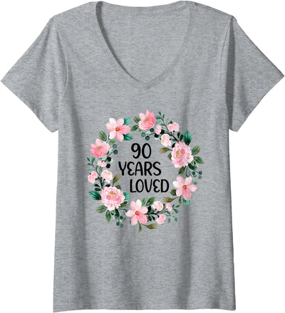 90 Years Old Gifts for 90th Birthday Women Men Women's 90 Years Loved Women Men 90 Years Old Cool 90th Birthday V-Neck T-Shirt