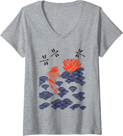 Womens japanese style koi fish dragonfly wave art print V-Neck T-Shirt