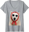 Funny Polar Bear with Sunglasses Women's Cute Polar Bear Lover Heart Sunglasses V-Neck T-Shirt - Heather Grey