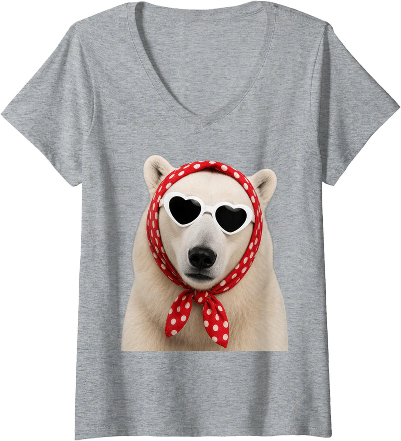 Funny Polar Bear with Sunglasses Women's Cute Polar Bear Lover Heart Sunglasses V-Neck T-Shirt - Heather Grey
