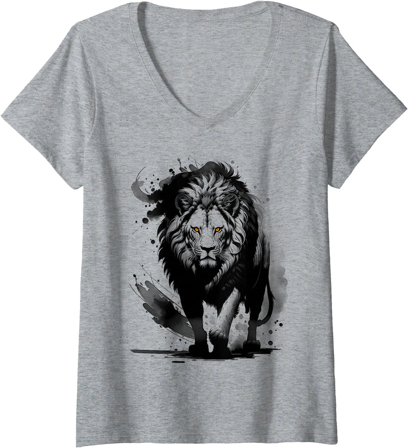 MyAnimal - Your Favourite Animal Wear Women's Stylish and Fashionable Lion Artistic Design V-Neck T-Shirt - Heather Grey