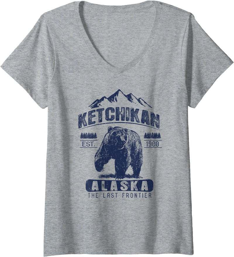 Ketchikan Alaska Souvenir Gift Shirts Womens Vintage Bear Ketchikan Alaska Shirt - Ketchikan AK V-Neck T-Shirt - Heather Grey