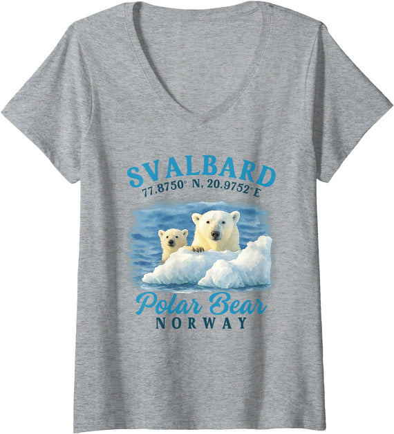 Svalbard Northern Lights Norway Travel Gift Womens Svalbard Norway Polar Bear Spitsbergen Longyearbyen Travel V-Neck T-Shirt