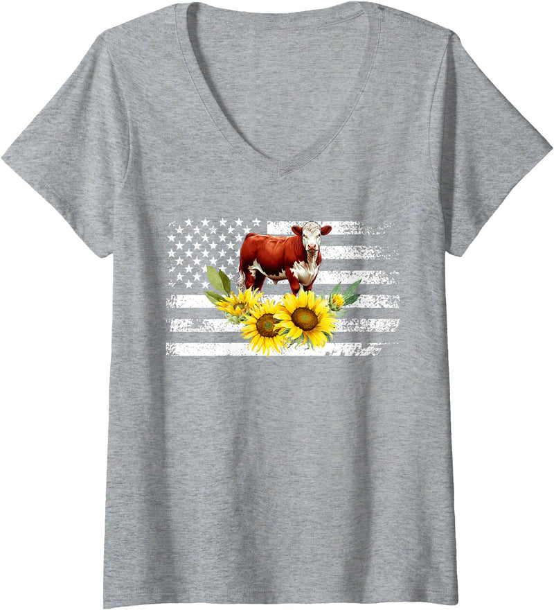 Proud Hereford Cow Boy Hereford Cow Girl Womens Hereford Cow US Flag Hereford Cow Lover Hereford Cattle V-Neck T-Shirt -