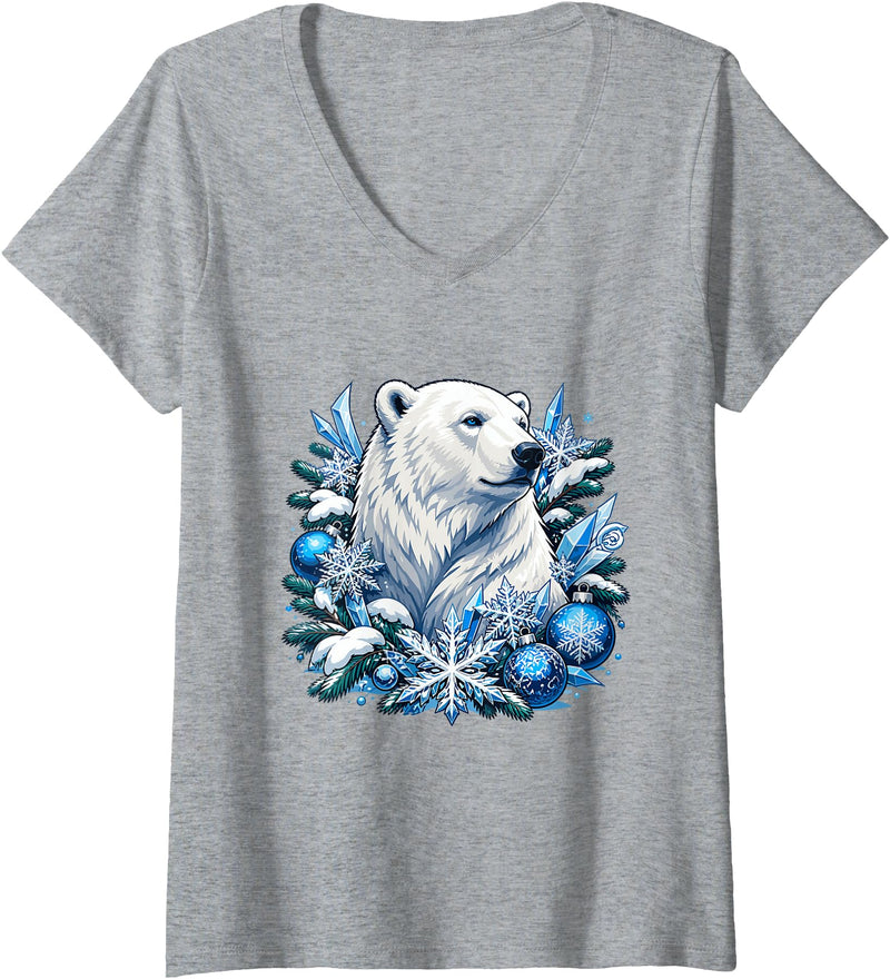 Arctic Polar Bear Snowflake Winter Christmas Women's Christmas Polar Bear Snowflakes Winter Ornaments V-Neck T-Shirt - Heather Grey