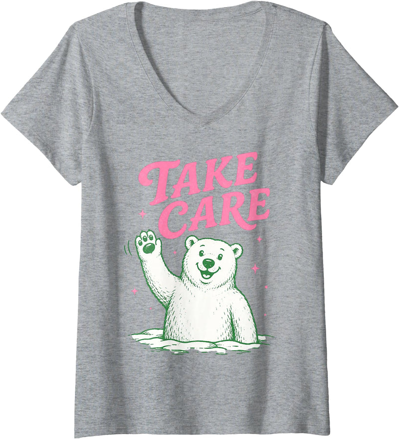 Cute Kawaii Classic Goodbye Childrens Rhyming Game Women's Take Care Polar Bear Happy Funny Last Day of School Summer V-Neck T-Shirt - Heather Grey