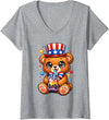 Kawaii Red White and Blue Fourth July Little Kids Women's Cute Teddy Bear Patriotic 4th July Gift Bubble Boba Tea USA V-Neck T-Shirt - Heather Grey