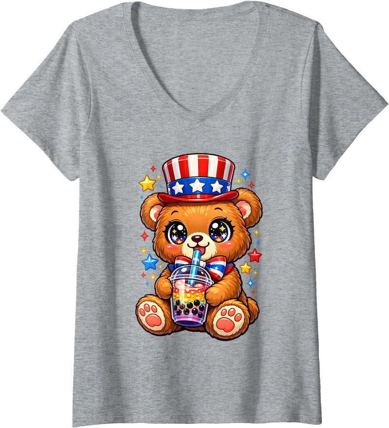 Kawaii Red White and Blue Fourth July Little Kids Women's Cute Teddy Bear Patriotic 4th July Gift Bubble Boba Tea USA V-Neck T-Shirt - Heather Grey