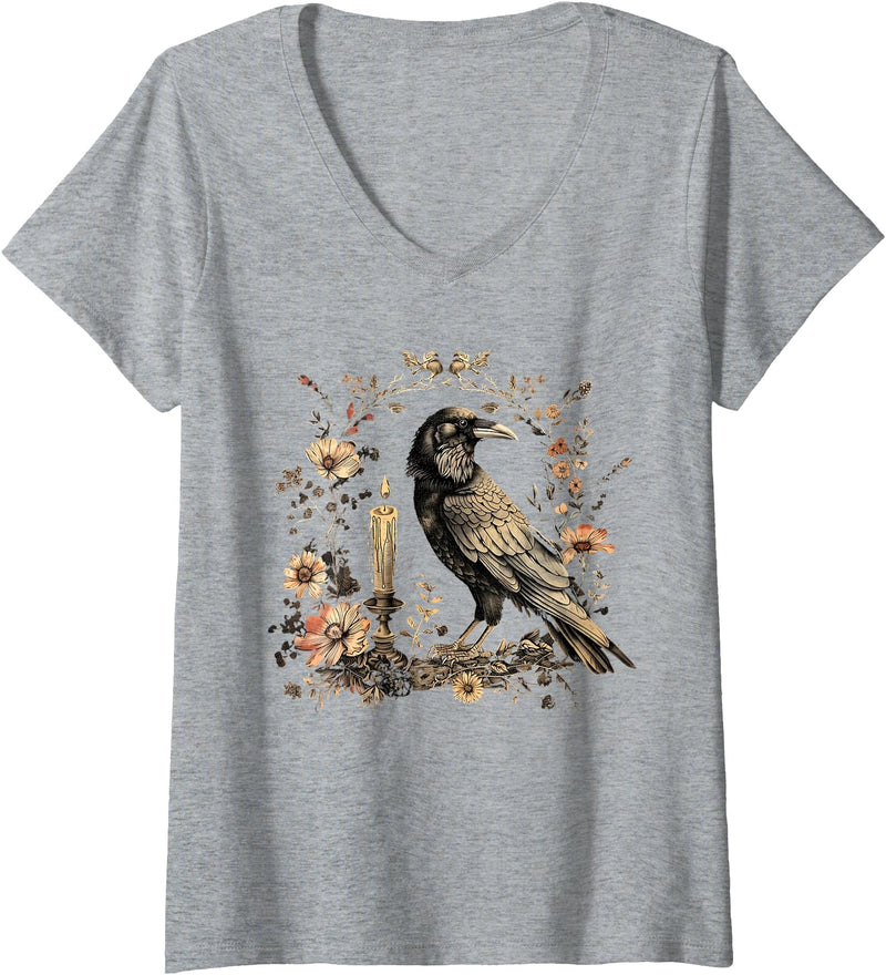 Witchy Vibes Womens Raven V-Neck T-Shirt - Heather Grey