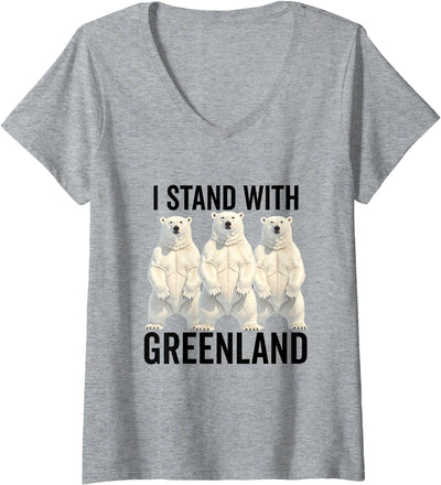 I stand with Greenland Merch Apparel Women's I Stand with Greenland Protest Polar Bear Greenland Denmark V-Neck T-Shirt