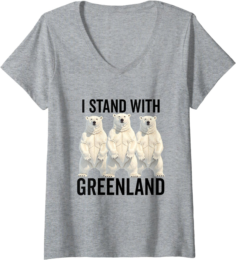 I stand with Greenland Merch Apparel Women's I Stand with Greenland Protest Polar Bear Greenland Denmark V-Neck T-Shirt - Heather Grey