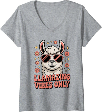 Funny Llama Lover Vintage Sunglasses Womens Funny Llama Vintage 70s 80s Floral Llamazing Vibes V-Neck T-Shirt