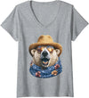 Whimsical Coastal Animals Beachgoers Women's Cute Polar Bear with Sunglasses and Straw Hat Animal Summer V-Neck T-Shirt - Heather Grey