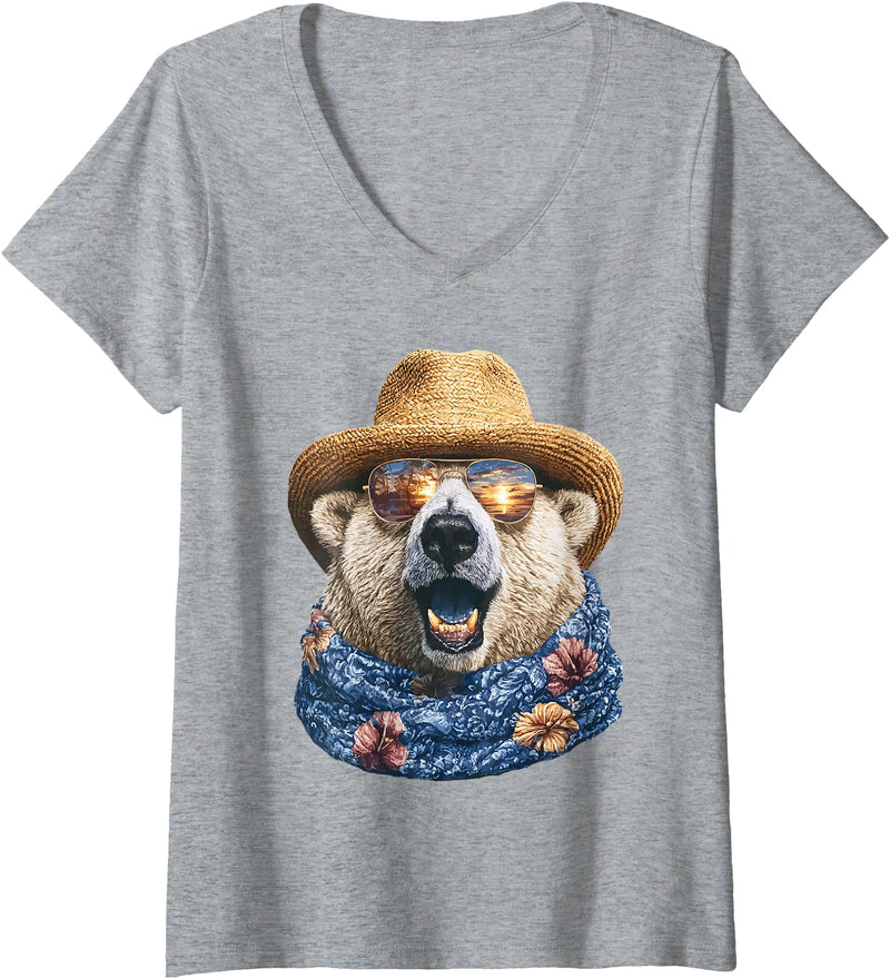 Whimsical Coastal Animals Beachgoers Women's Cute Polar Bear with Sunglasses and Straw Hat Animal Summer V-Neck T-Shirt - Heather Grey