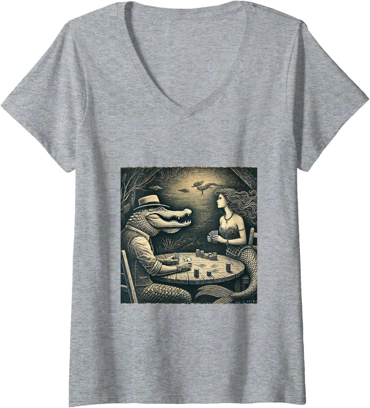 Women's Alligator and Mermaid Playing Poker Sketch V-Neck T-Shirt - Heather Grey