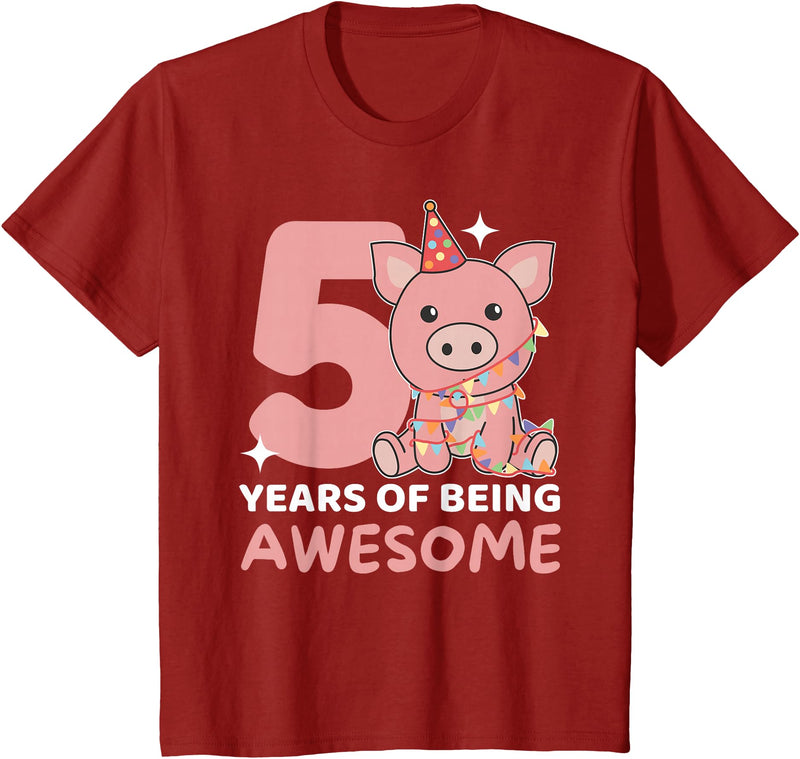 Pig Birthday Gift Cute Animals Pig For The 5th Birthday For Children Five Years Old T-Shirt - Cranberry Red