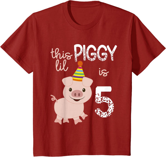 Adorable Pigs & Hogs Apparel Kids This Lil Piggy Is 5 Years Old Funny Birthday Pig T Shirt T-Shirt - Cranberry Red